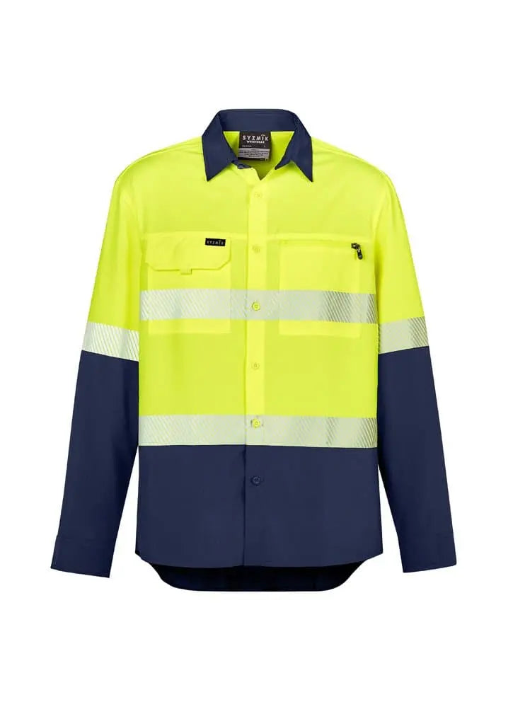Mens Hi Vis Outdoor Segmented Tape L/S Shirt ZW470 Work Wear Syzmik Yellow/Navy XXS